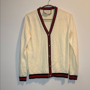 Ivory wool Cardigan with Ebony and Scarlet Trim